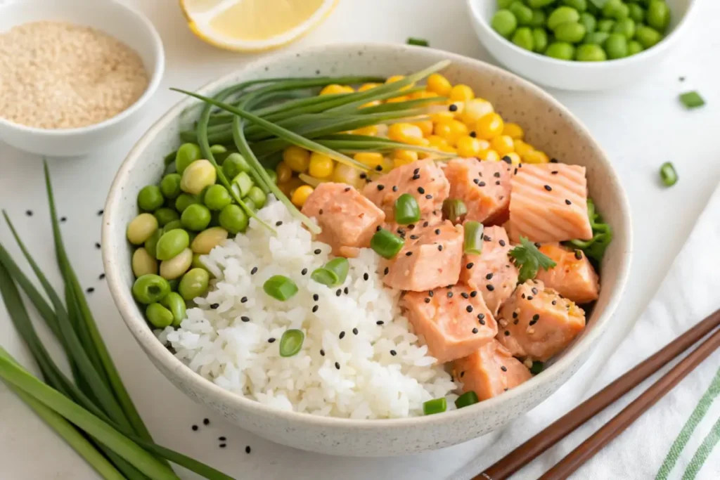 Prepared salmon rice bowl with salmon, rice, edamame, and corn.