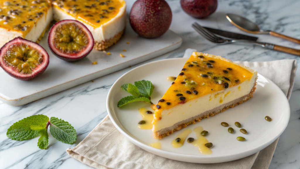 Slice of passion fruit cheesecake with glossy glaze and fresh passion fruit seeds.