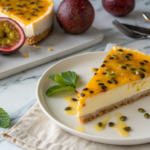 Slice of passion fruit cheesecake with glossy glaze and fresh passion fruit seeds.