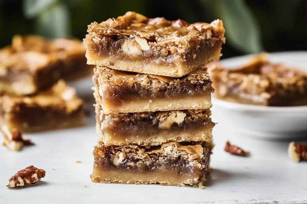 Freshly baked easy pecan pie bars with a golden crust and pecan topping on a rustic wooden table.