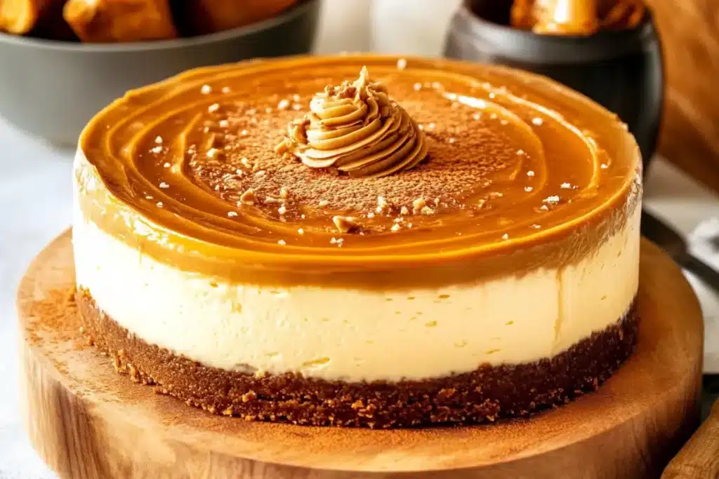 Creamy Dulce de Leche Cheesecake with caramel drizzle