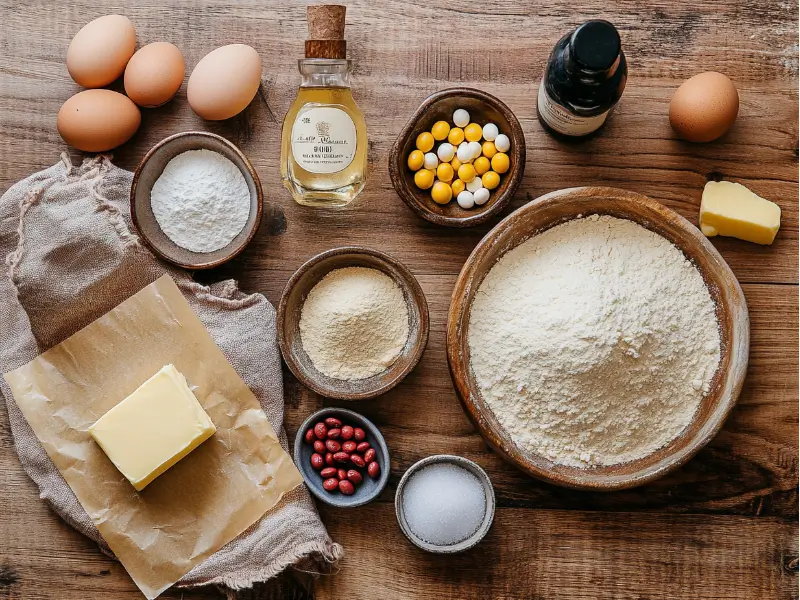 A beautifully arranged flat-lay of M&M cookie ingredients, including flour, butter, sugar, eggs, vanilla, baking soda, salt, and M&Ms on a wooden countertop.