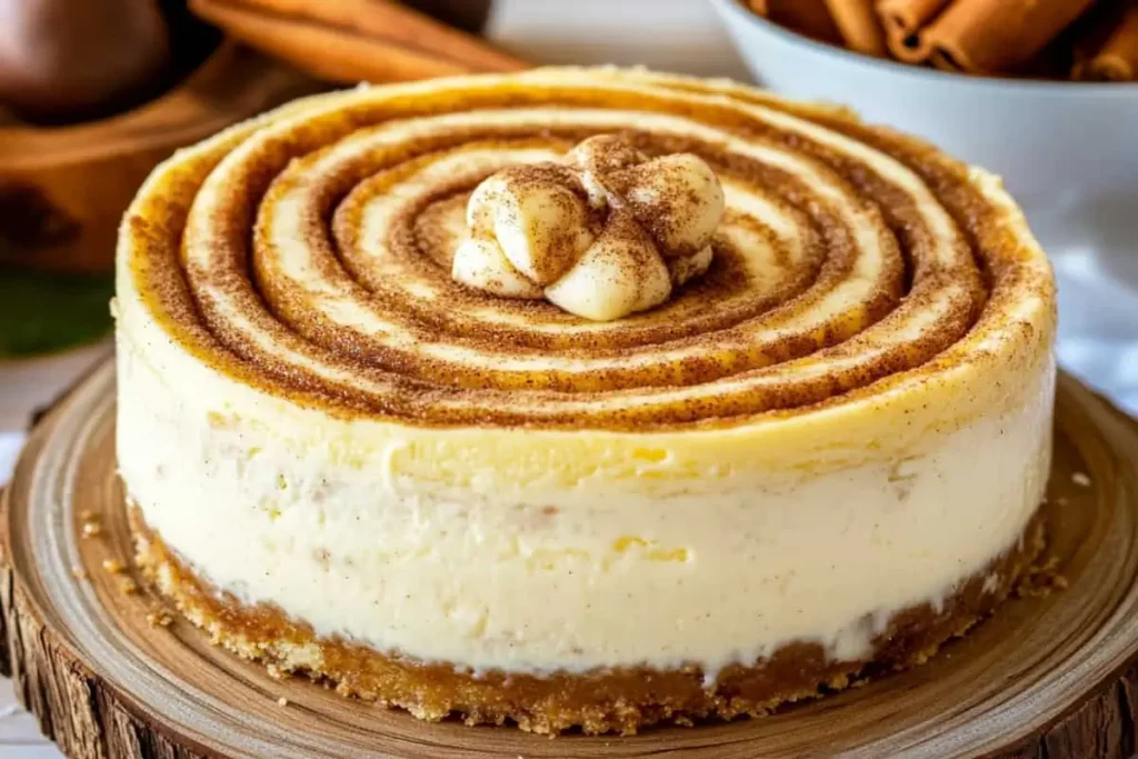 Delicious cinnamon roll cheesecake with caramel drizzle on a rustic table