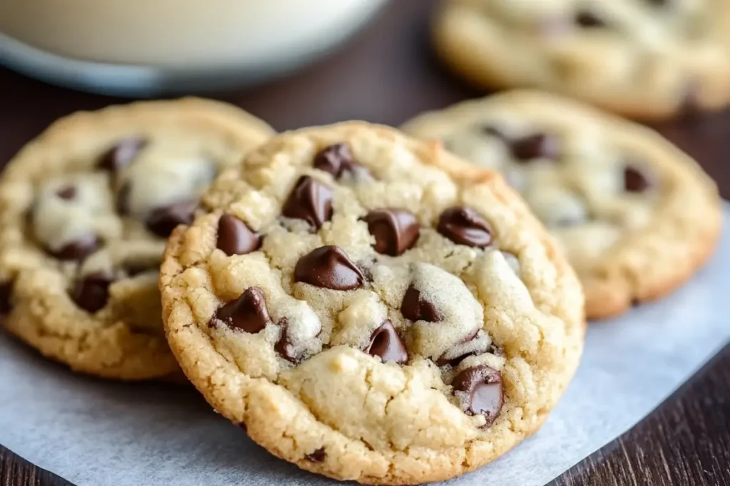 Freshly baked chocolate chip cookies with a golden-brown crust and gooey chocolate chips, placed on parchment paper with a glass of milk in the background.