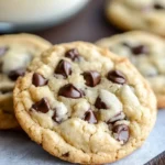 Freshly baked chocolate chip cookies with a golden-brown crust and gooey chocolate chips, placed on parchment paper with a glass of milk in the background.