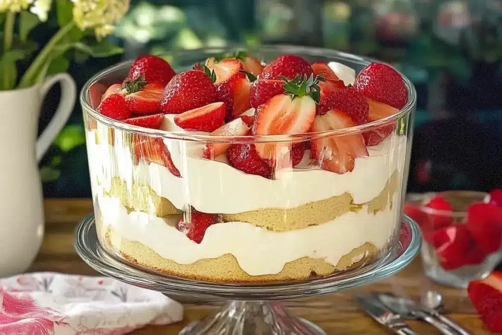 A glass trifle bowl filled with layers of sponge cake, fresh strawberries, vanilla custard, and whipped cream,
