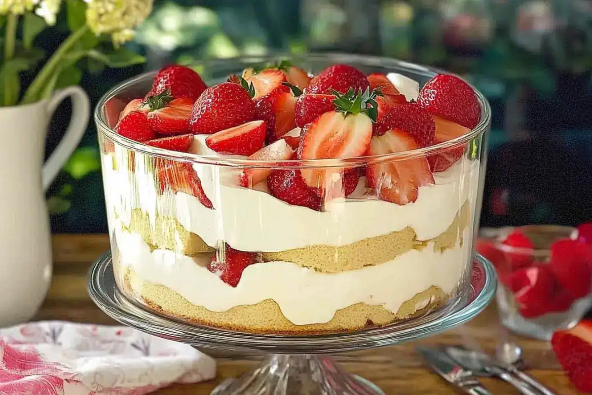 A glass trifle bowl filled with layers of sponge cake, fresh strawberries, vanilla custard, and whipped cream,