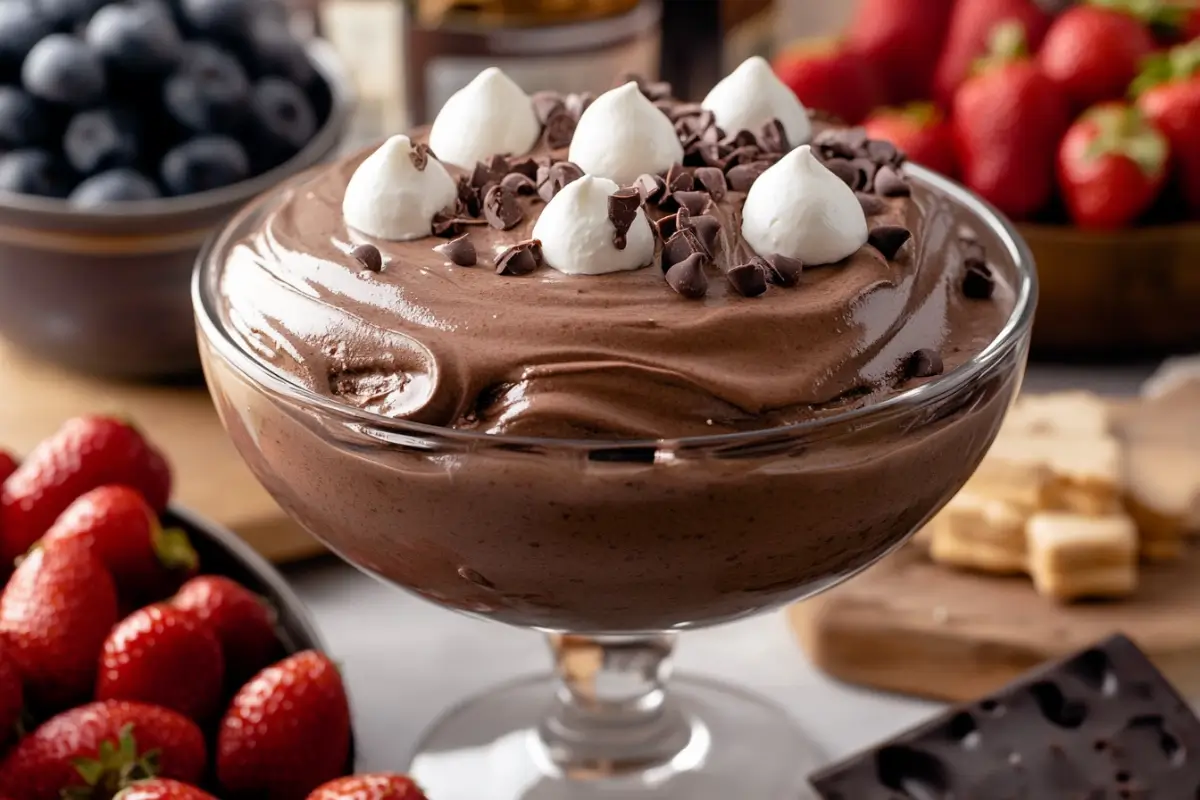 Creamy brownie batter dip in a bowl with dippers like strawberries and graham crackers.