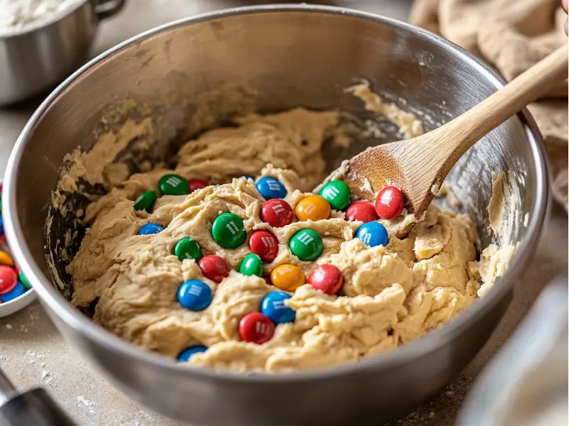Close-up of M&M cookie dough being mixed, with colorful M&Ms evenly distributed in a stainless steel bowl.