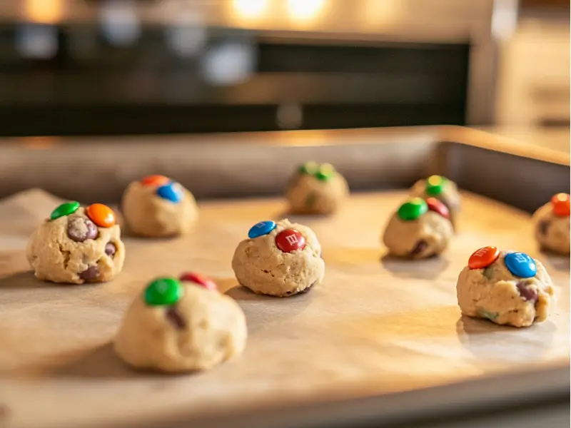 A baking sheet with evenly spaced M&M cookie dough balls, topped with extra M&Ms, ready for the oven.