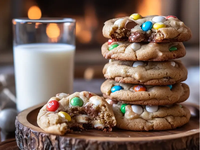 A stack of freshly baked M&M cookies on a wooden plate, golden brown with colorful M&Ms, served with a glass of milk.