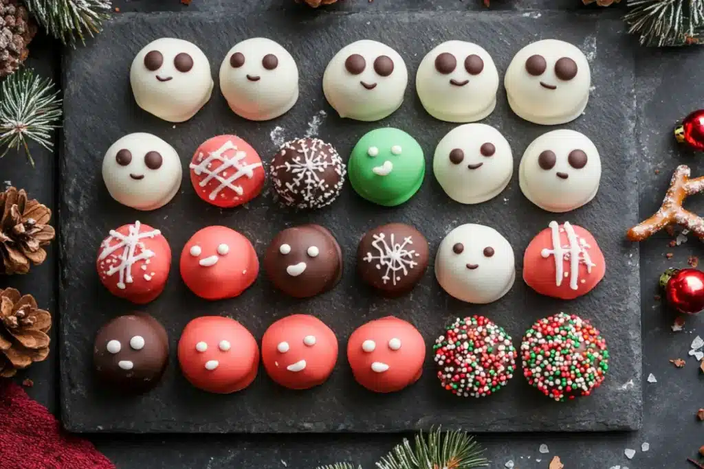 A plate of decorated Oreo Balls drizzled with white chocolate and topped with Oreo crumbs and sprinkles.