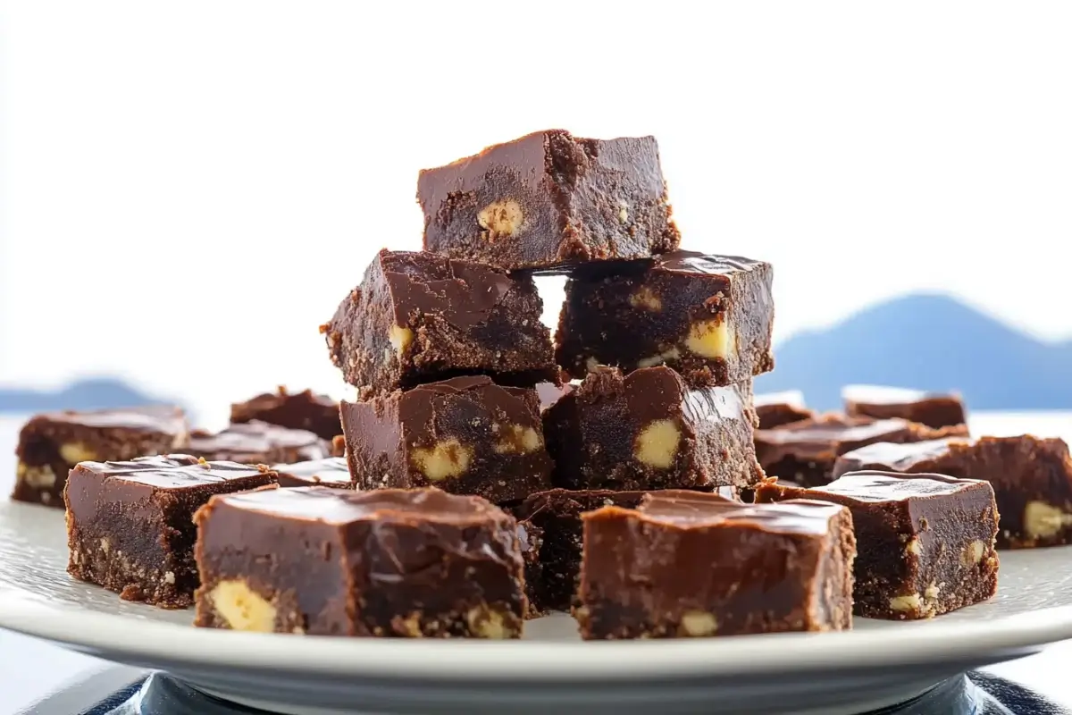 Original Fantasy Fudge Recipe: Classic, Creamy, and Delicious 8 A decorative plate stacked with chocolate fudge squares containing nuts, set against a soft-focus background.