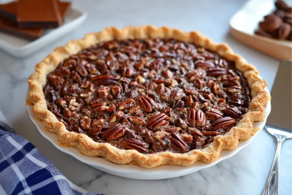 A freshly baked pecan pie in a vintage Southern kitchen, placed on a rustic wooden table with antique utensils and a classic recipe book.