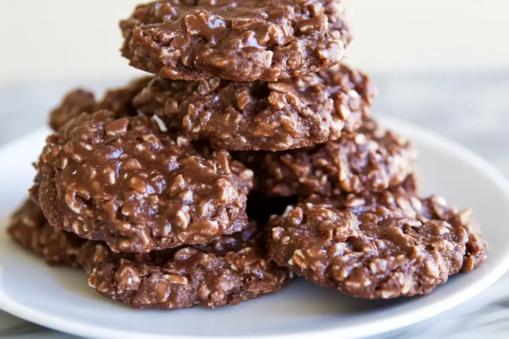 Pile of chocolate no-bake cookies on a white plate