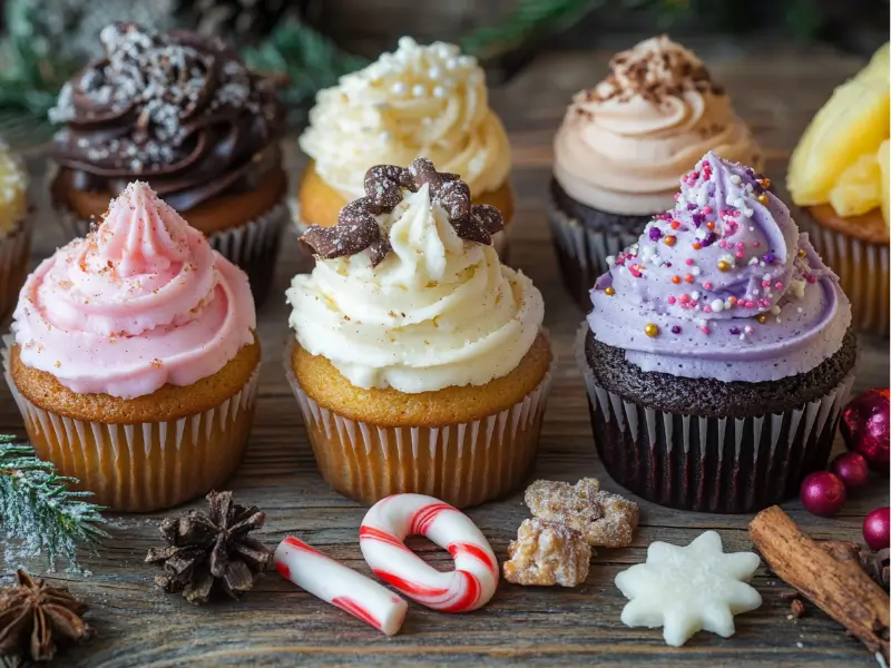 A display of seasonal cupcakes featuring spring, summer, fall, and winter flavors, beautifully decorated with fresh ingredients.
