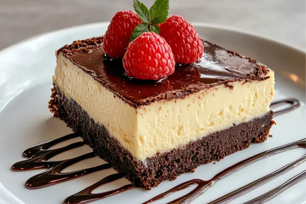 Decadent slice of brownie cheesecake with chocolate drizzle and fresh raspberries