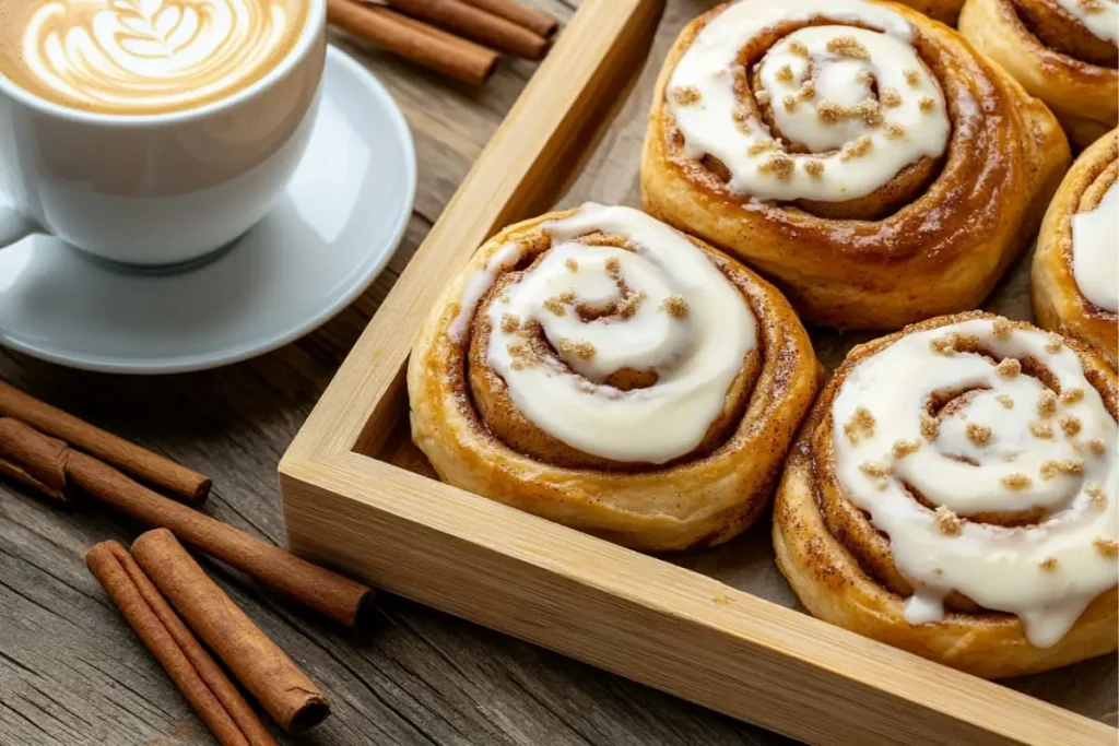 Freshly baked cream cheese cinnamon rolls with creamy frosting on a wooden tray, accompanied by cinnamon sticks and a cup of coffee.