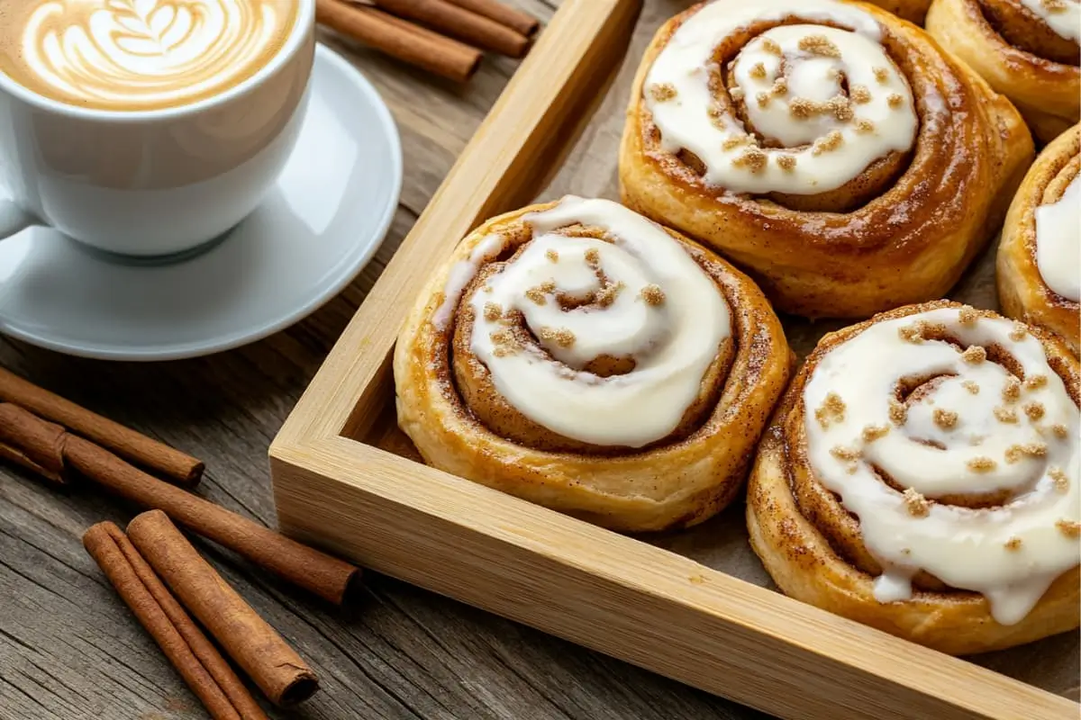Freshly baked cream cheese cinnamon rolls with creamy frosting on a wooden tray, accompanied by cinnamon sticks and a cup of coffee.