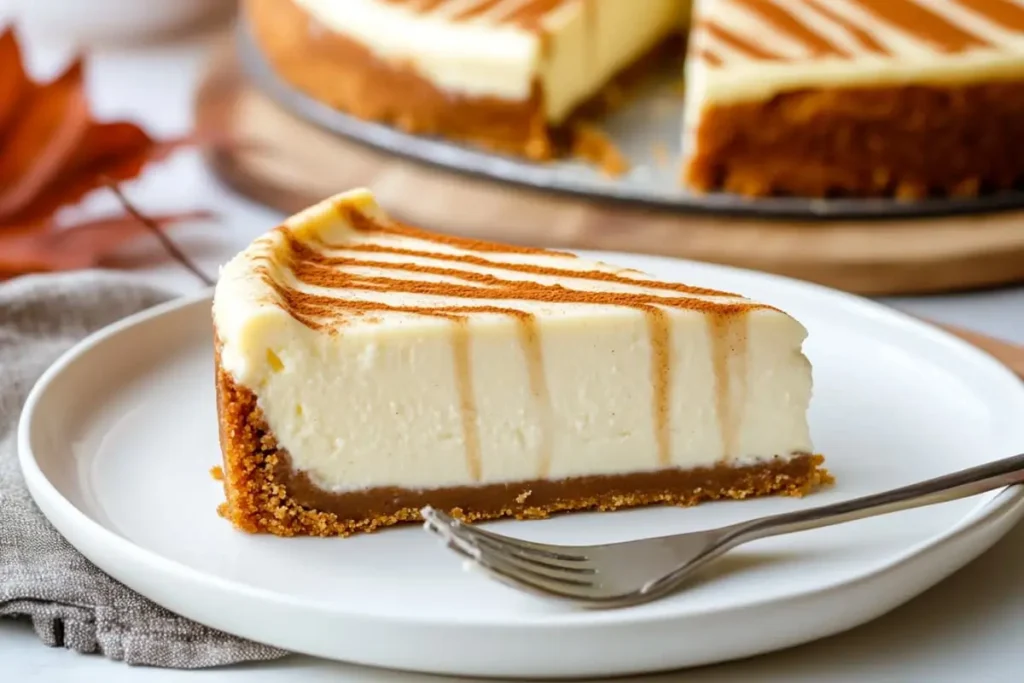 A slice of cream cheese on a plate, showing creamy layers, cinnamon swirls, and a drizzle of vanilla glaze.