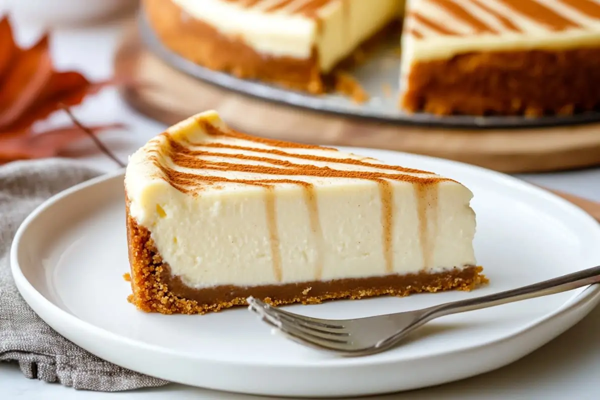 A slice of cream cheese on a plate, showing creamy layers, cinnamon swirls, and a drizzle of vanilla glaze.