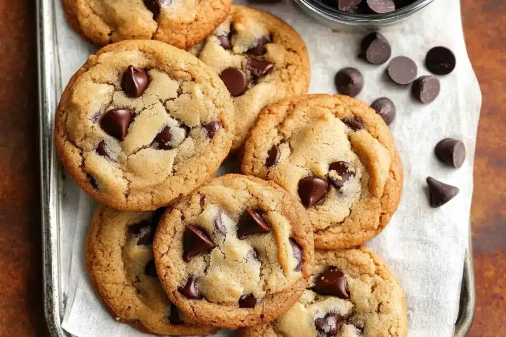 A close-up of freshly baked chocolate chip cookies on a tray, surrounded by chocolate chips.