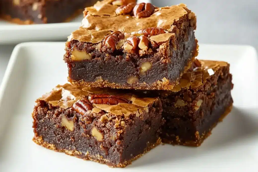 Freshly baked pecan pie brownies with a fudgy base and caramelized pecan topping.