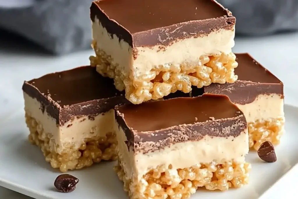 A close-up of a chocolate peanut butter rice krispie bar with layers of crispy cereal, marshmallow, peanut butter, and chocolate.