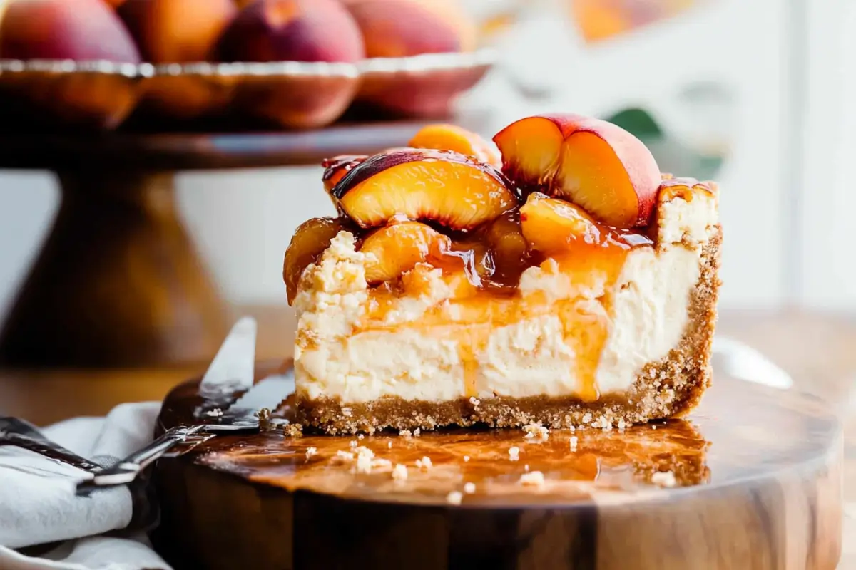 Peach Cobbler Cheesecake: A Heavenly Combination 1 Peach Cobbler Cheesecake slice with cobbler topping and caramel drizzle.