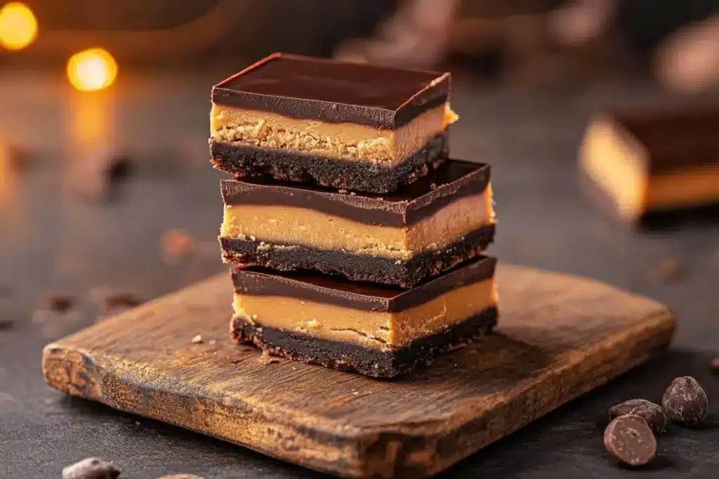 A stack of homemade chocolate peanut butter bars on a wooden board, showcasing creamy peanut butter filling and a chocolate topping.