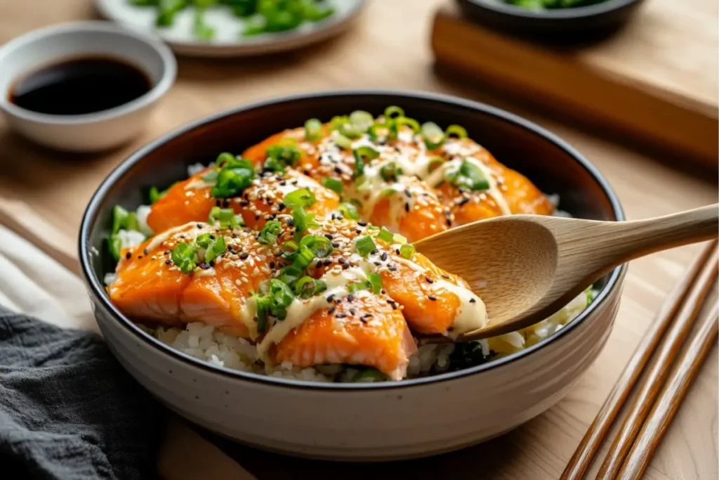 A close-up of a golden-baked salmon sushi bake, drizzled with spicy mayo and garnished with green onions, served in a white ceramic dish.