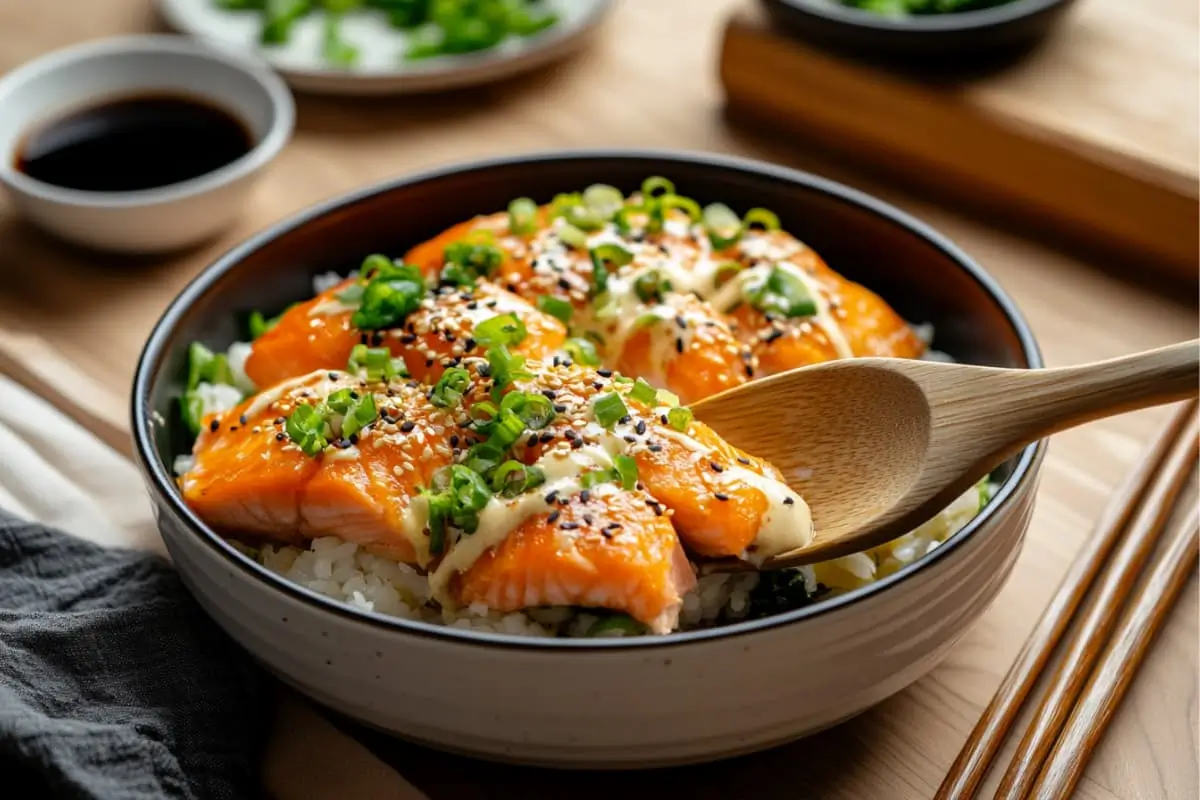 A close-up of a golden-baked salmon sushi bake, drizzled with spicy mayo and garnished with green onions, served in a white ceramic dish.
