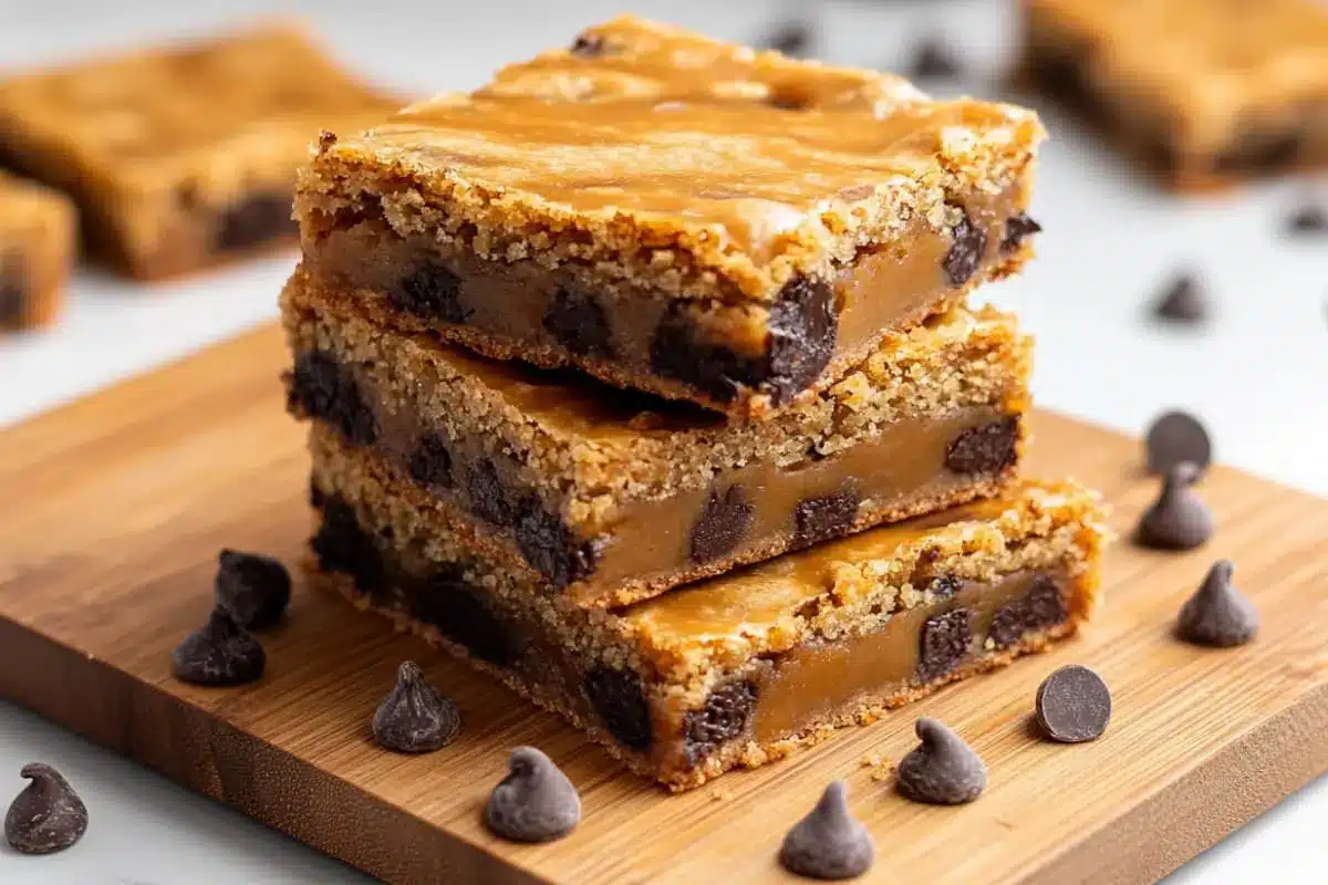 Stack of freshly baked Congo Bars with gooey caramel and chocolate chips on a wooden board.