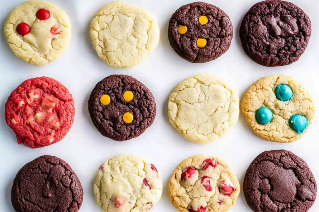 A variety of cake mix cookies in different flavors, including chocolate chip, red velvet, lemon, and funfetti.