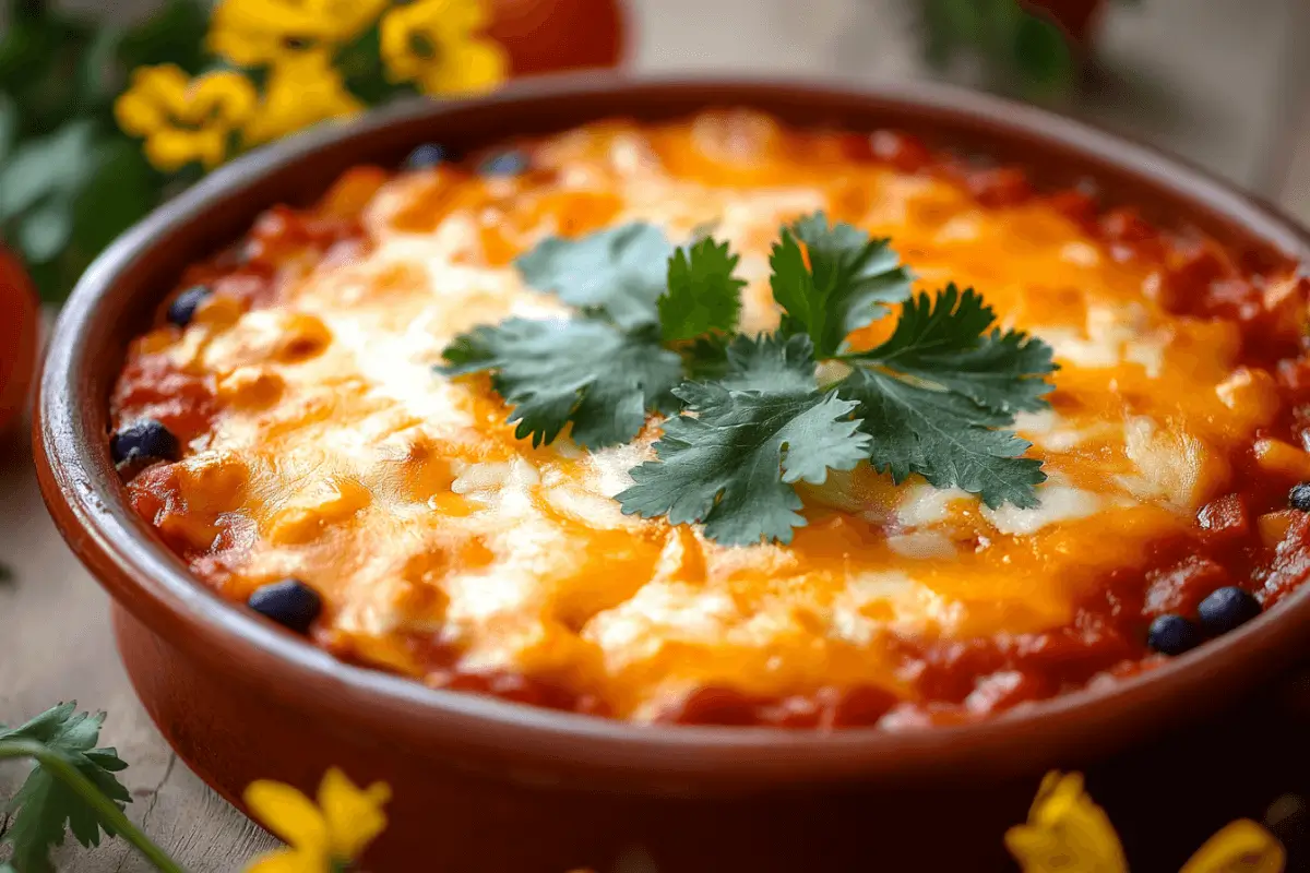 Traditional Mexican casserole served in a rustic kitchen, surrounded by fresh ingredients.
