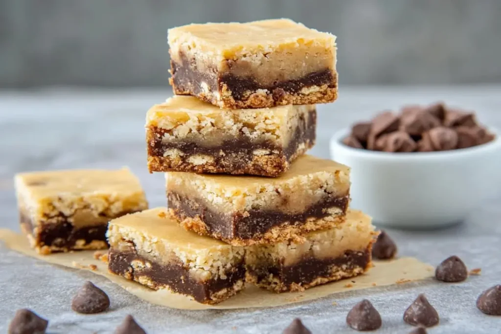 Stacked layers of chocolate and vanilla brownies, surrounded by chocolate chips on a gray surface.