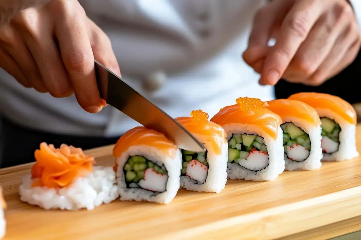 A Japanese sushi chef slicing salmon for sushi preparation.
