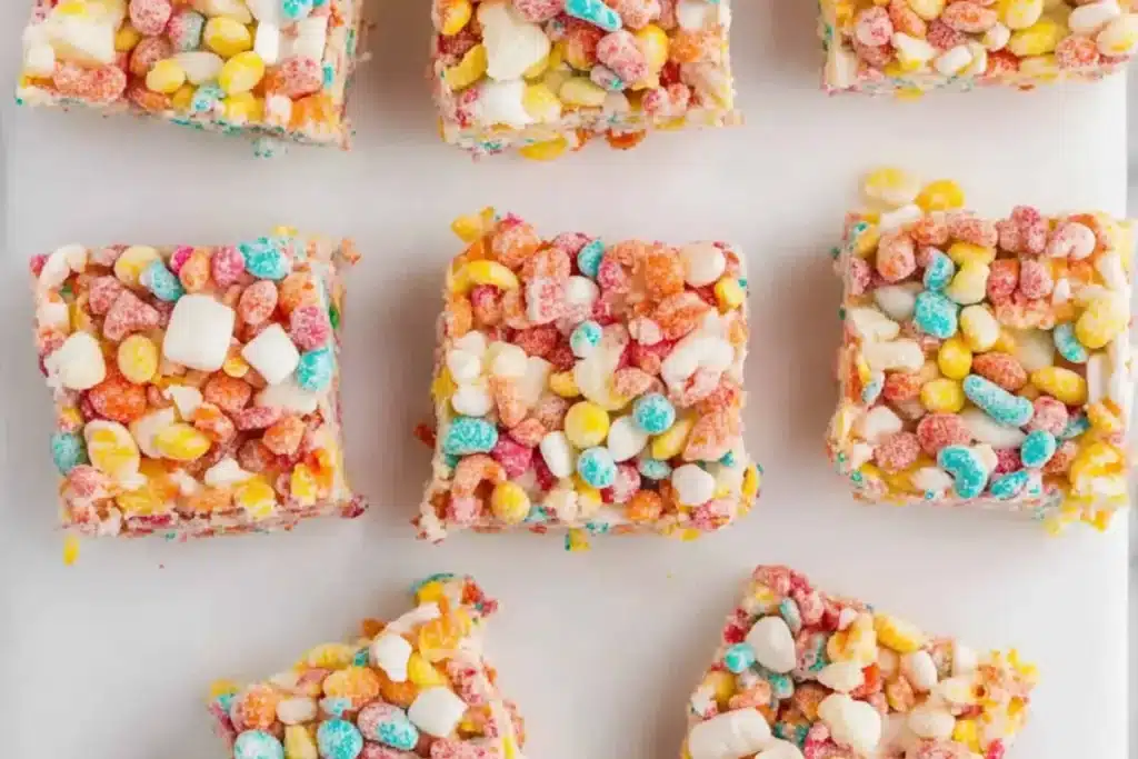 Colorful Fruity Pebbles Treats with bright cereal pieces in a gooey marshmallow base, served on a white countertop.