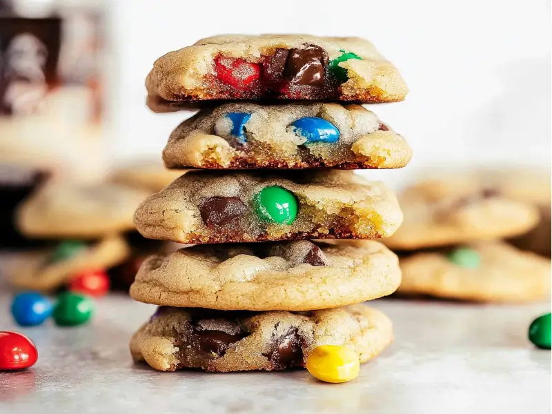 A stack of cookies with chocolate chips and colorful candies, surrounded by scattered candies on a light surface.