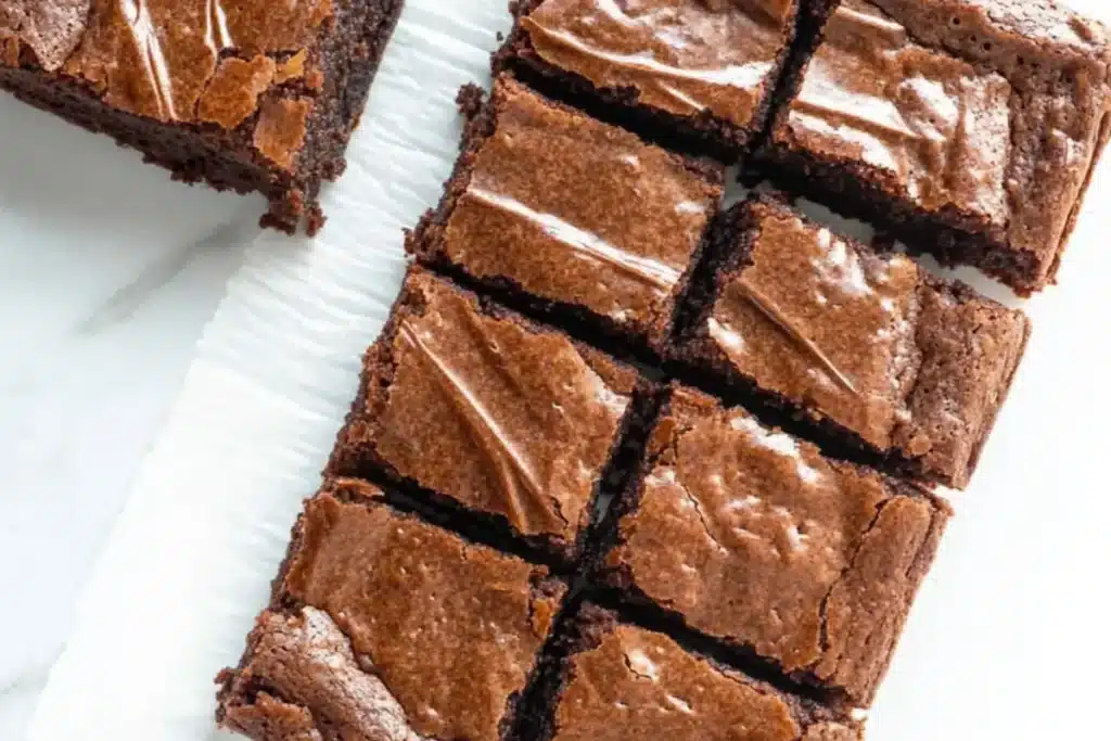 A freshly baked tray of chocolate brownies, cut into square pieces, with a shiny top and a few pieces missing.