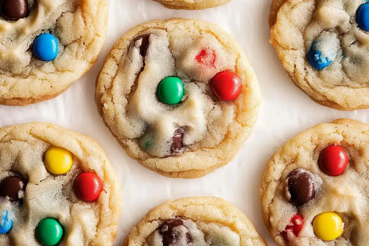 A group of freshly baked cookies topped with colorful candies, arranged in a circular pattern on a white background.