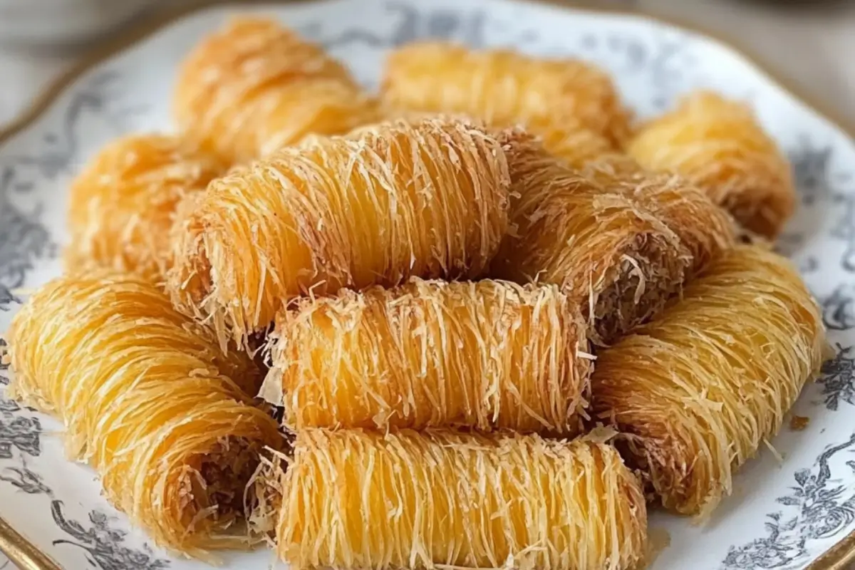 Kataifi Pastry: A Complete Guide to This Unique Middle Eastern Delight 6 A plate of golden, crispy kataifi pastries, tightly wrapped in fine strands of shredded phyllo dough, arranged in a pile on an ornate white and gray plate.
