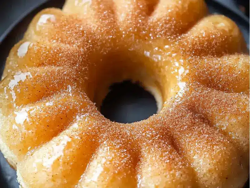A Bundt cake glistening with glaze and sprinkled with cinnamon sugar, set on a dark plate.