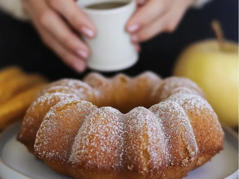 A Bundt cake dusted with powdered sugar, with a hand holding a cup in the background, set on a plate.