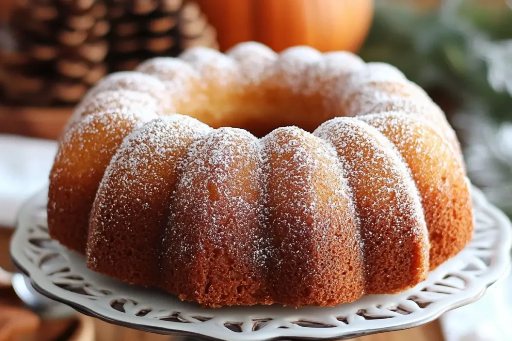 A Bundt cake dusted with powdered sugar, displayed on a decorative cake stand, with a blurred background of pinecones and autumn elements.
