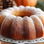 A Bundt cake dusted with powdered sugar, displayed on a decorative cake stand, with a blurred background of pinecones and autumn elements.