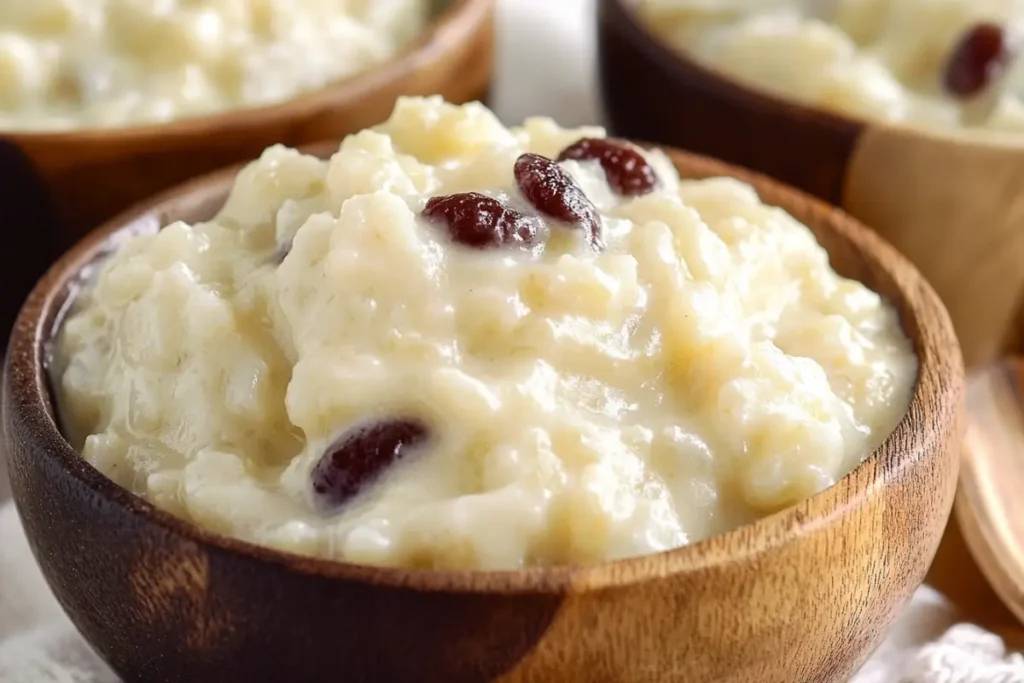 Classic homemade rice pudding with cinnamon topping in a ceramic bowl.