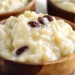 Classic homemade rice pudding with cinnamon topping in a ceramic bowl.