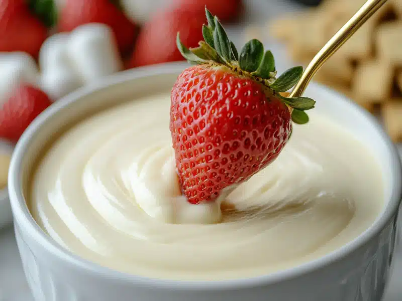 Recipes Hurry 9 A bowl of creamy cheesecake fondue with a strawberry dipped in it, dripping with rich, velvety sauce.