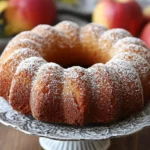 An apple Bundt cake dusted with powdered sugar, displayed on a decorative cake stand, with fresh apples in the background.
